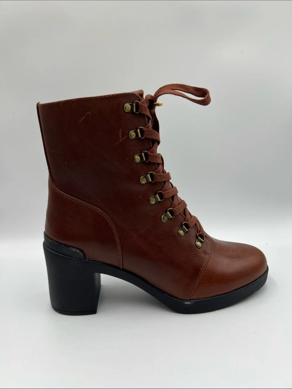 Abeo Metropolis lace short ankle boots zipper chunky heel boho granny brown 8